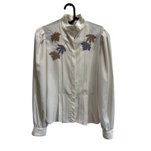 Vintage 80s Campus Casuals Top‎ Autumnal Leaf Applique Pleated Blouse Ivory